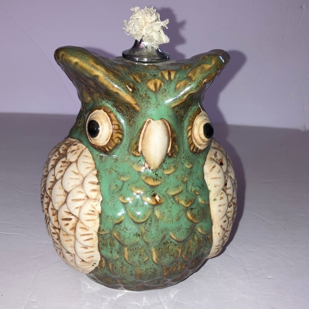 Whimsical Green and Cream Owl Oil Lamp 5”